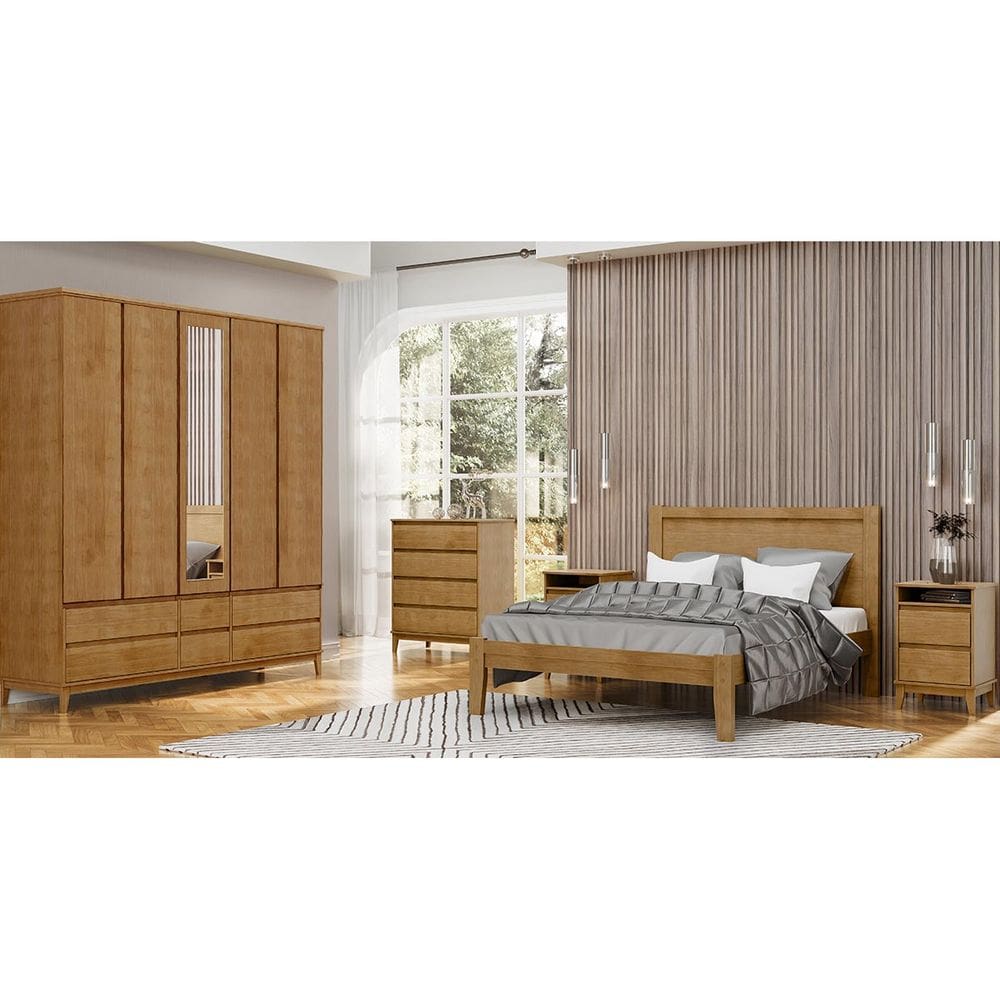 Conjunto Quarto: Guarda-Roupa 5 Portas Cama Casal Cômoda 2 Mesas Cabeceiras Prata Freijó Madeira Pinus - Finestra
