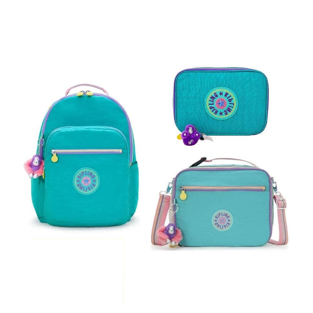 Mochila + Estojo + Lancheira Kipling Rainbow Verde Água Kit