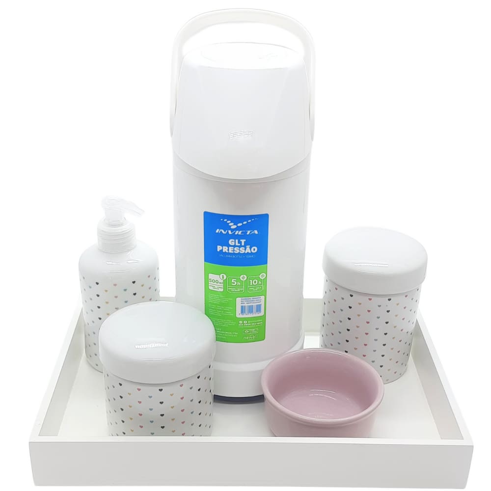 Kit higiene Poá 6 peças Porcelana Molh. Rosa Bandeja Branca