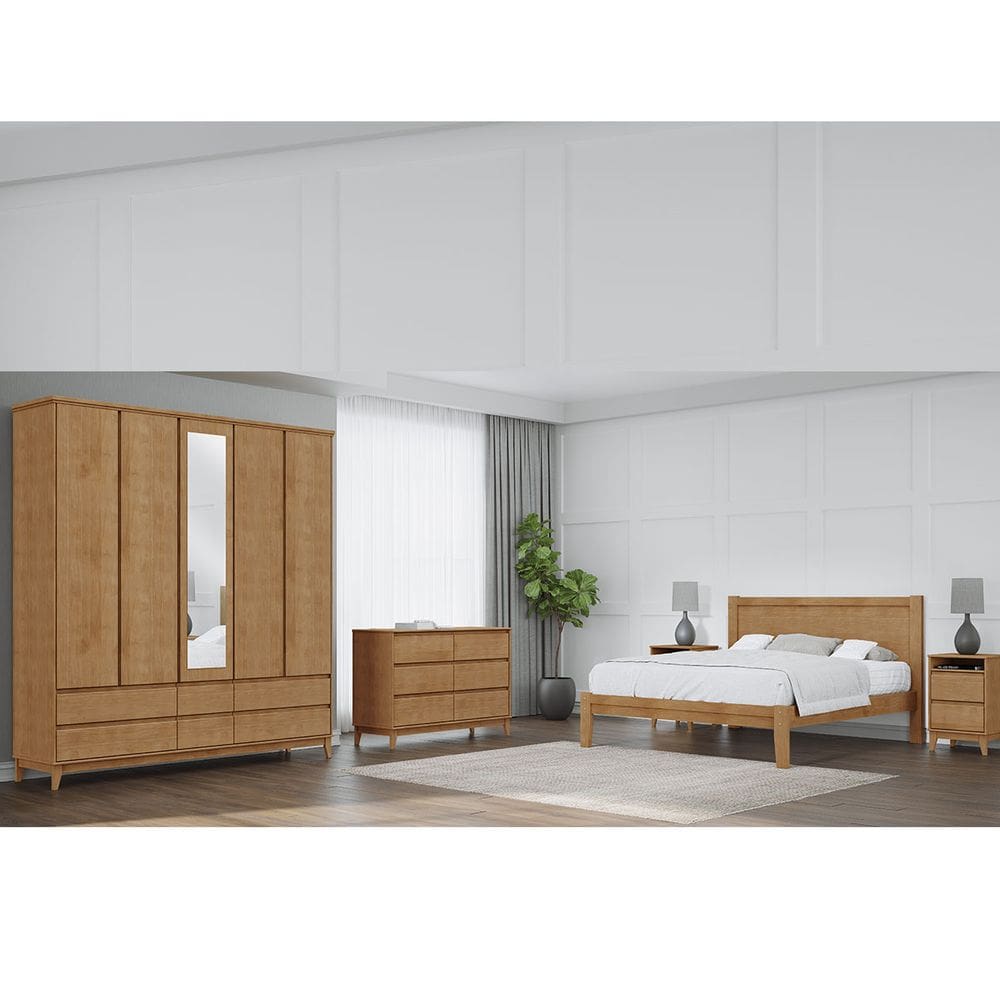Conjunto Quarto: Guarda-Roupa 5 Portas Cama Casal Cômoda 2 Mesas Cabeceiras Prata Freijó Madeira Pinus - Finestra