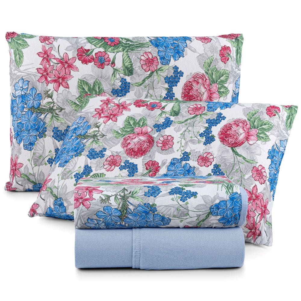 Jogo Cama Lençol Sonnet Queen Malha Estampada 100% Algodão 4 Peças - Floral - Azul Claro