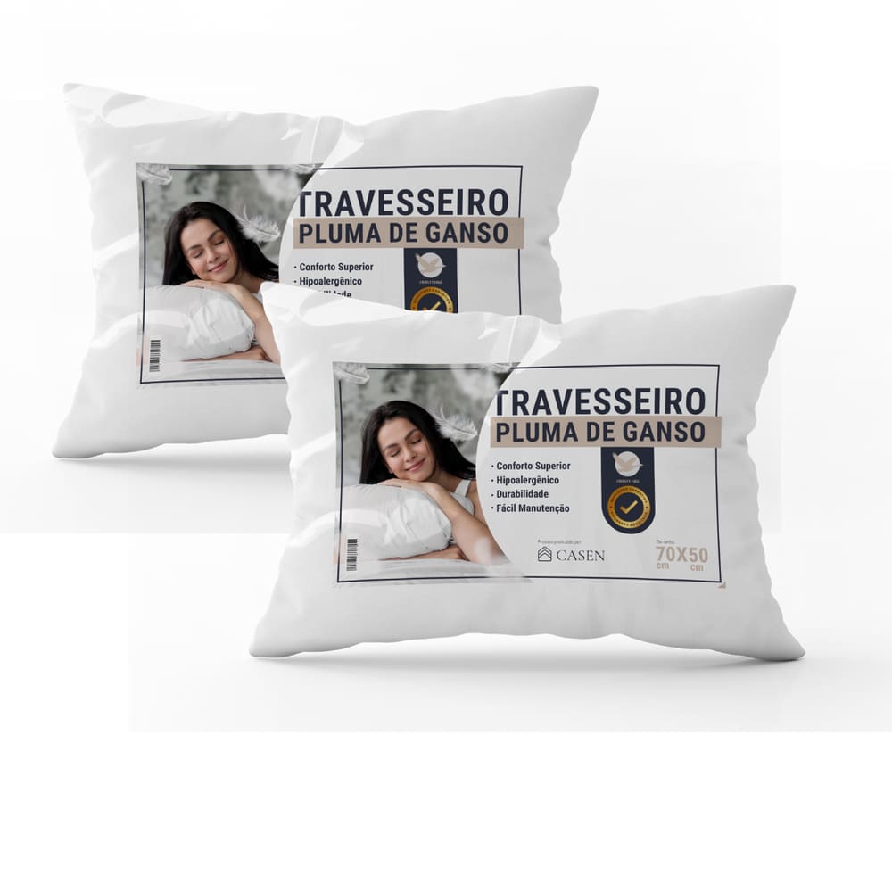 Kit 2 Travesseiros Pluma Ganso 70x50cm Toque Macio Antiácaro Conforto Premium