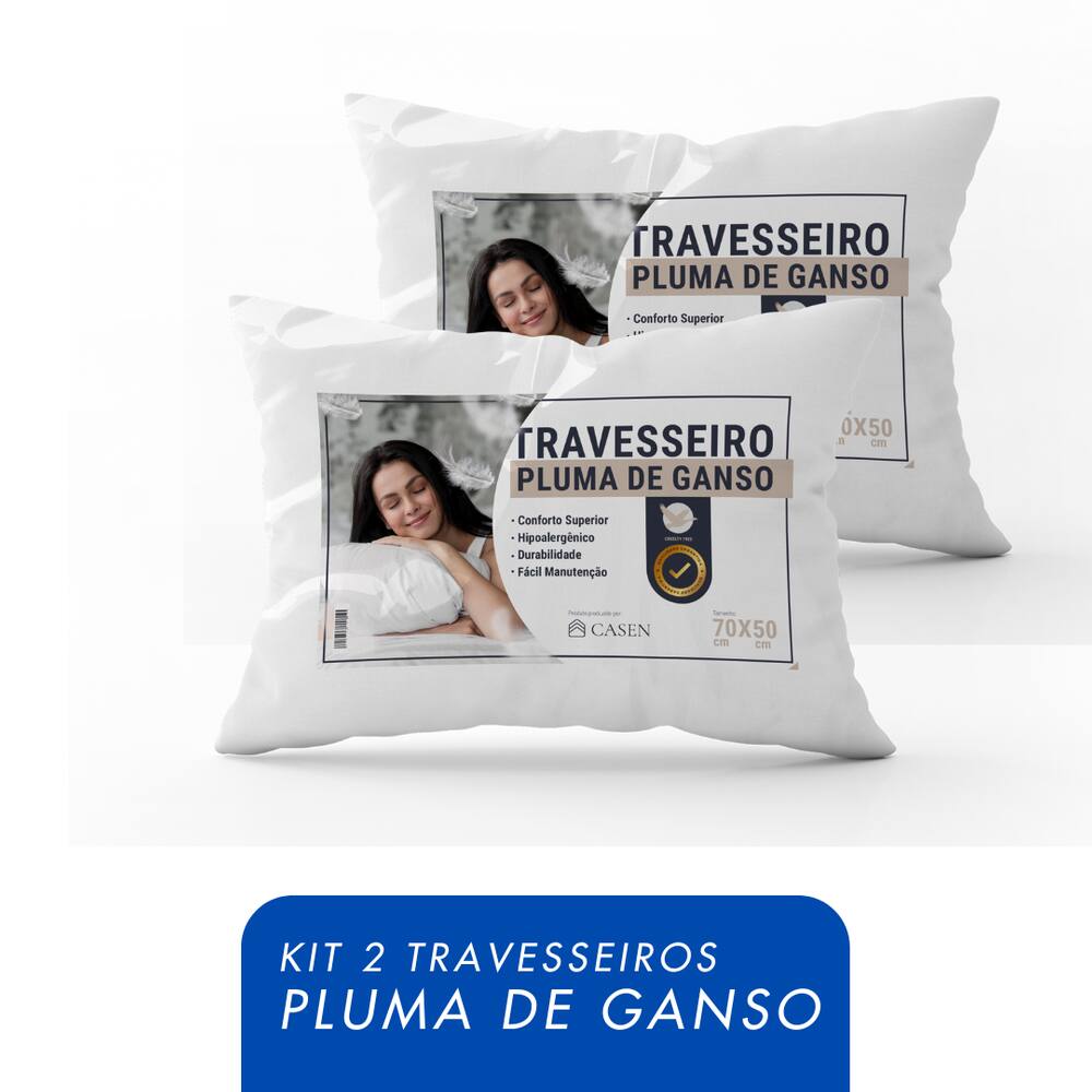 Kit 2 Travesseiros Pluma Ganso Antialérgico 200 Fios Descanso Luxo 70x50