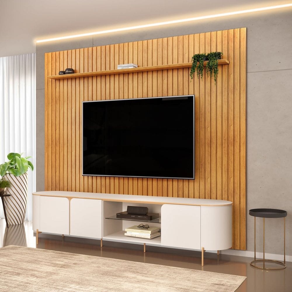 Rack Ariana com Painel Trento 240cm x 275,7cm x 45cm Off White/Cedro