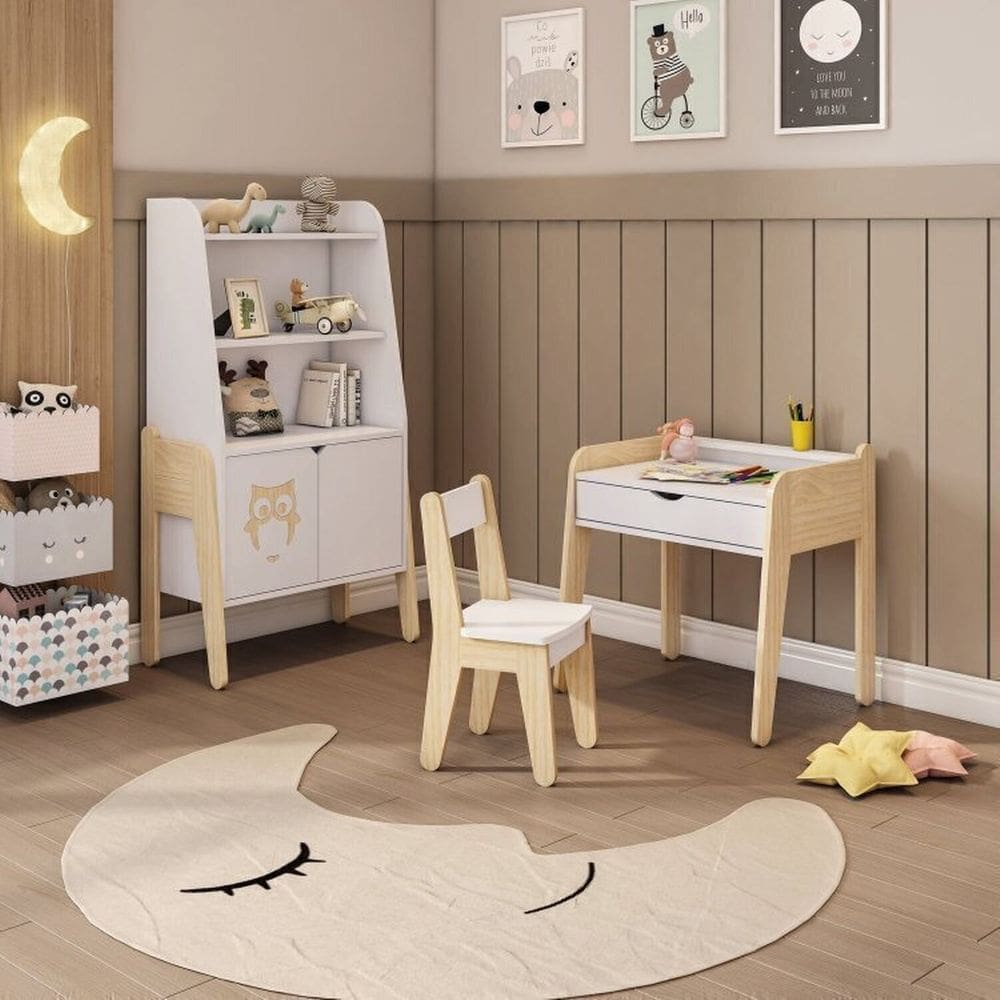 Conjunto Estante com Mesa e Cadeira Infantil CorujinhaCasatema Branco/Natural