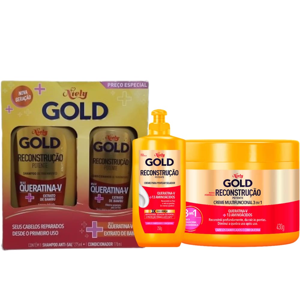 Shampoo e Condicionador Niely Gold Reconstrução Potente + Creme + Multifuncional