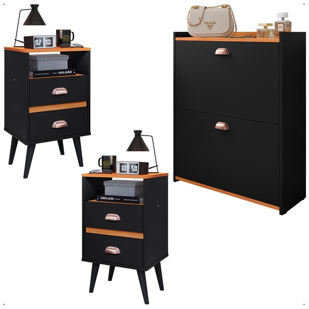 Kit 2 Mesas Cabeceira Classic Nicho Organizador Sapateira Gavetas Basculante Porta 12 Pares Calçados Closet Preto/Cinamomo - Lojas RPM