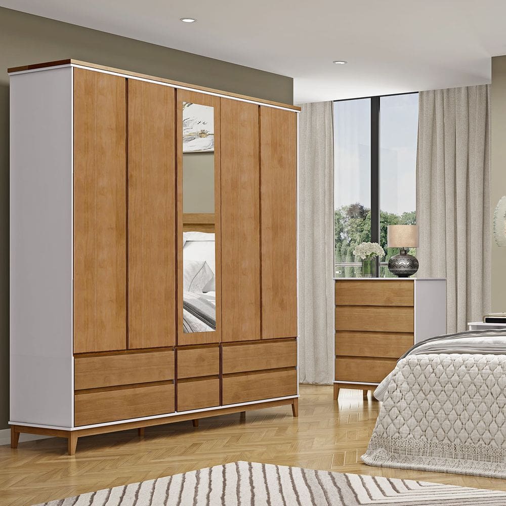 Conjunto Quarto: Guarda-Roupa 5 Portas 6 Gavetas Cômoda 4 Gavetas Off White/Freijó Prata Madeira Pinus - Finestra