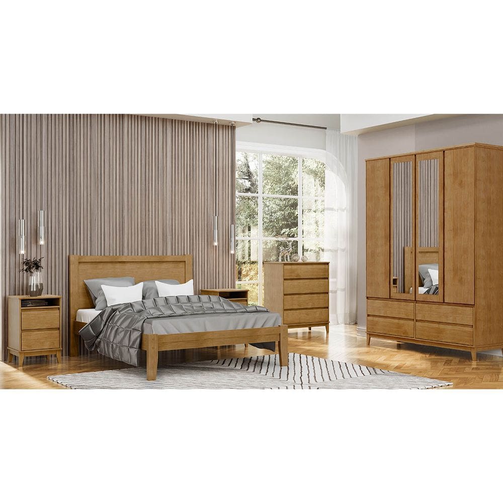 Conjunto Quarto: Guarda-Roupa 4 Portas Cama Queen Cômoda 2 Mesas Cabeceiras Freijó Prata Madeira Pinus - Finestra