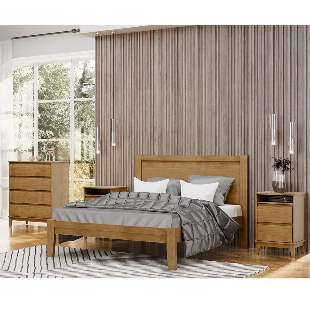 Conjunto Quarto: Cama Casal Queen Cômoda 4 Gavetas 2 Mesas Cabeceiras Freijó Prata Madeira Pinus - Finestra