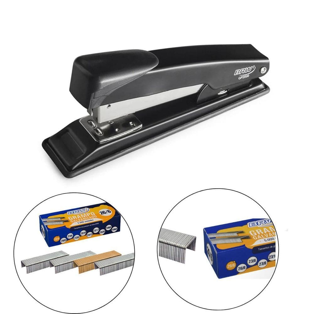 Grampeador Preto De Metal 14Cm + 5000 Grampos Galvanizados