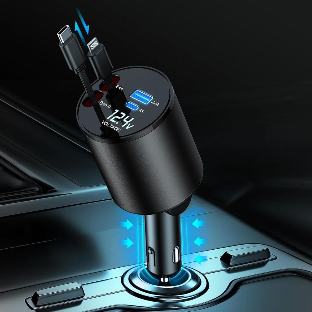 Carregador de carro QUVFHE Retrátil 4 em 1 Super Rápido 60W 2 USB
