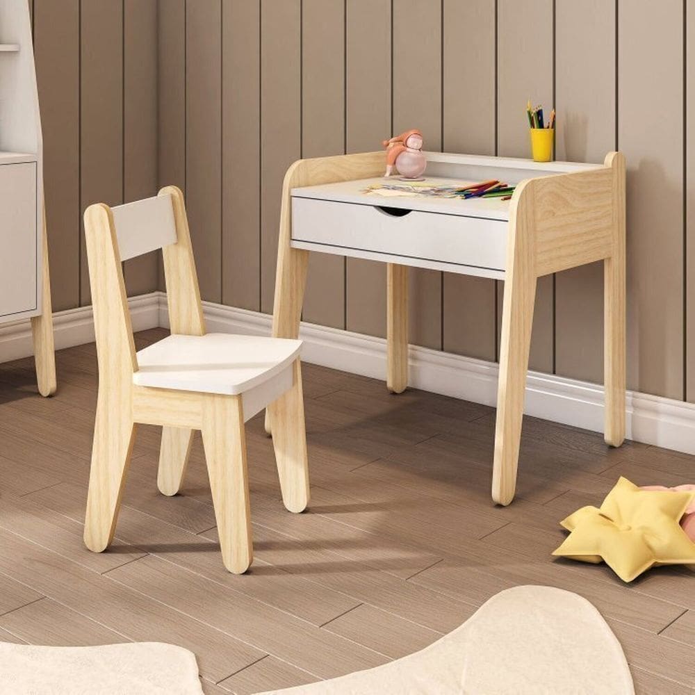 Conjunto Mesa e Cadeira Infantil Corujinha Casatema Branco/Natural