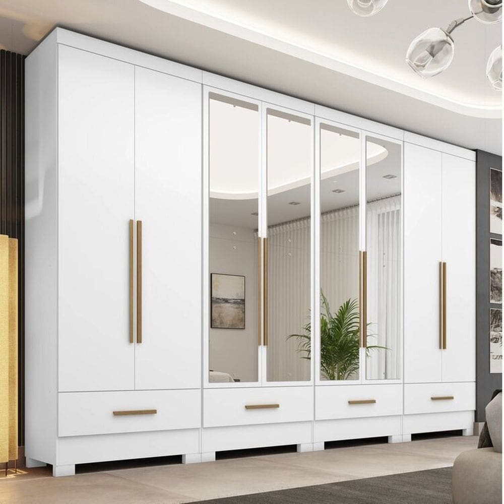 Quarto Modulado 4 Peças 8 Portas 4 Gavetas com Espelhos Smart Plus Branco