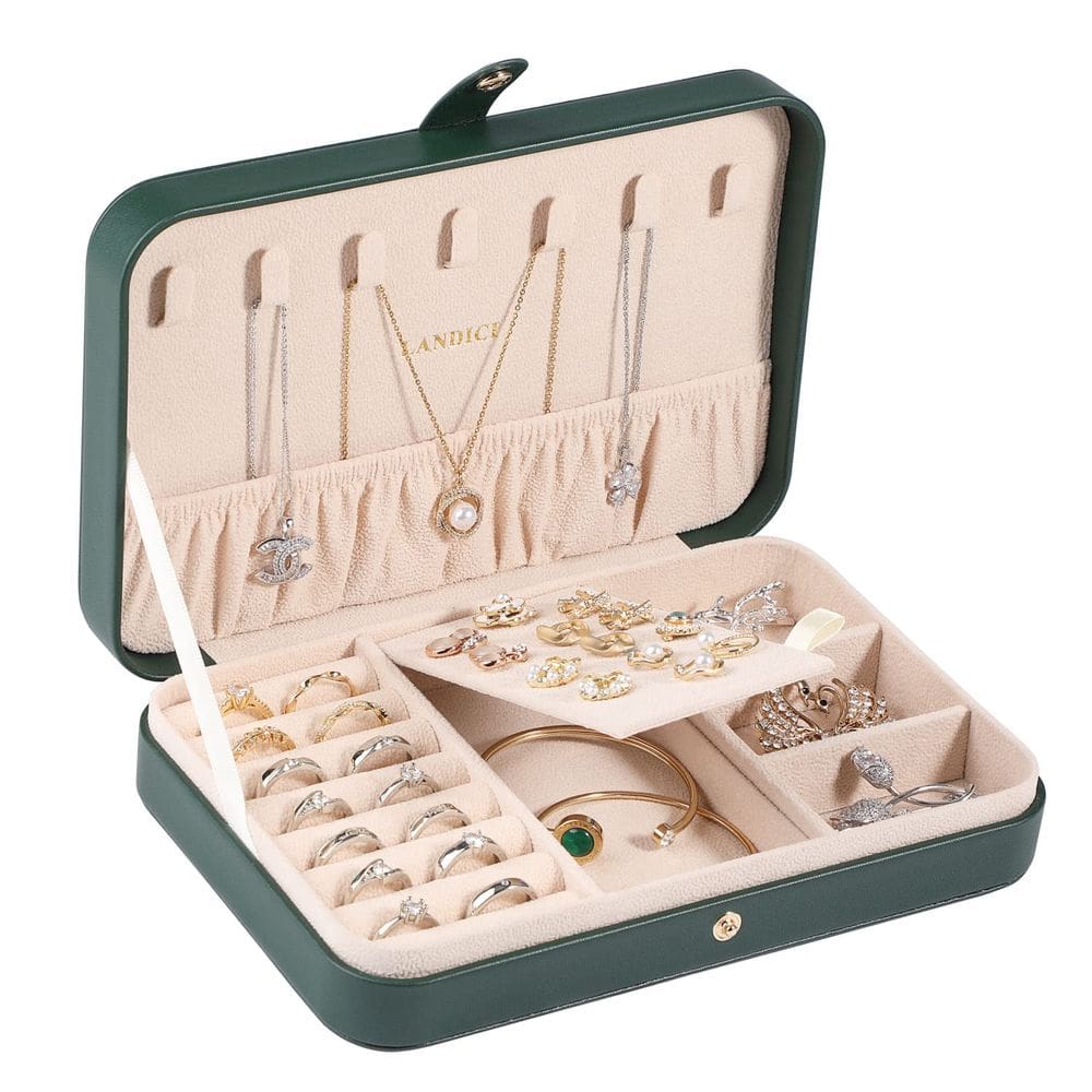 Caixa de joias LANDICI para mulheres e meninas em couro PU verde escuro