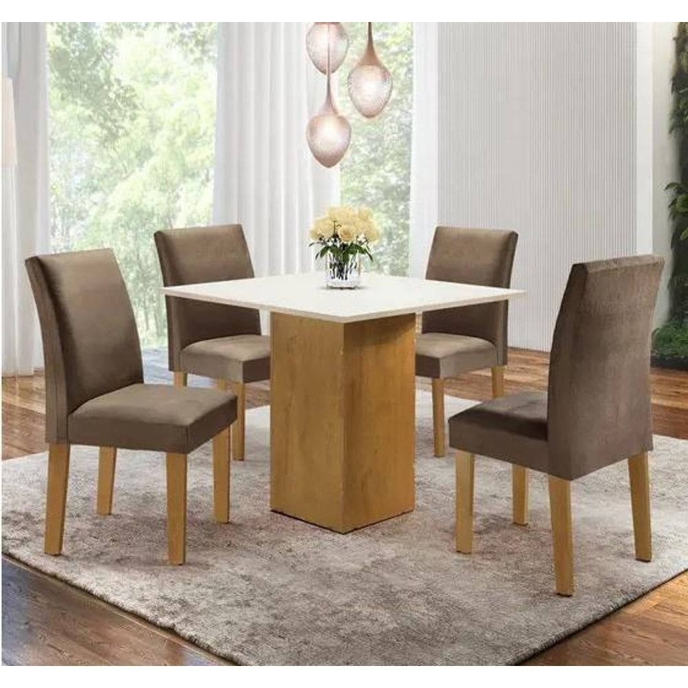 Conjunto de Mesa de Jantar Dakota 90x90cm Tampo de Vidro com 4 Cadeiras Napoles Cel Móveis - Cinamomo/Off