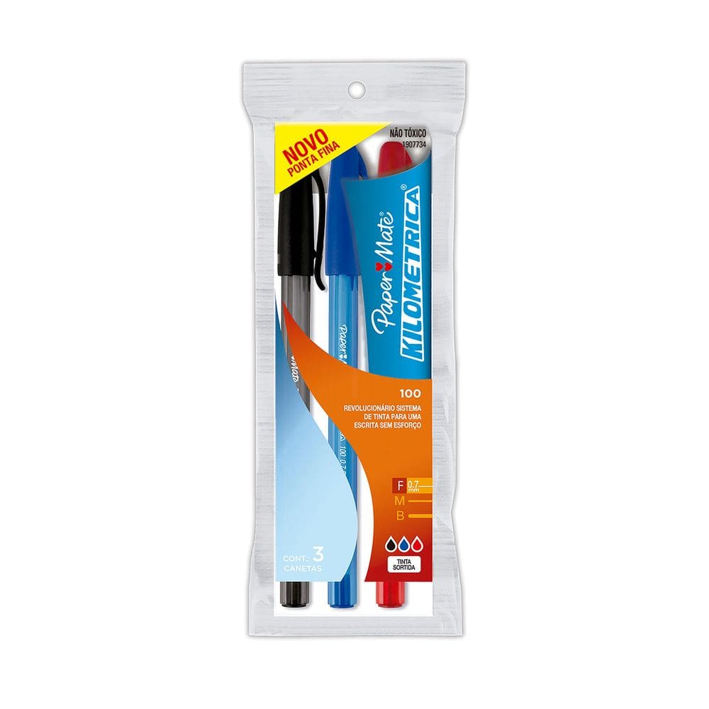 Caneta Esferográfica Papermate Km 100 Retrátil 0.7mm 3 Cores - Item Variado