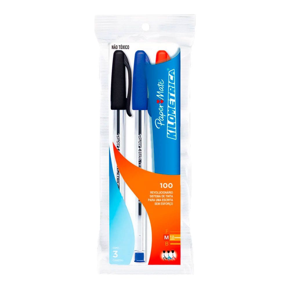 Caneta Esferográfica Papermate Km 100 Retrátio 1.0mm Azul/Preta/Vermelha 3 Unidades - Item Variado