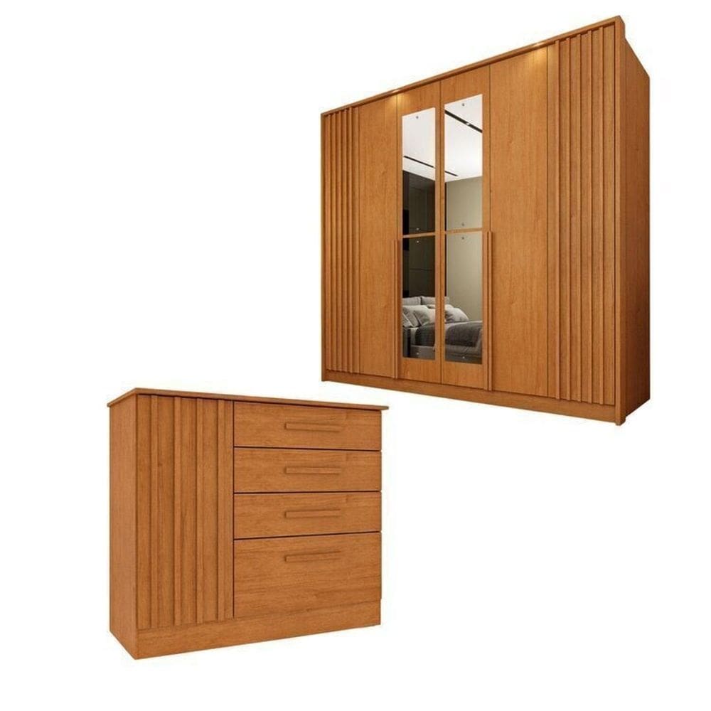 Conjunto para Quarto 1 Guarda-Roupa 6 portas com Espelho e 1 Cômoda 4 gavetas Ripado Nova York Espresso Móveis Cinamomo