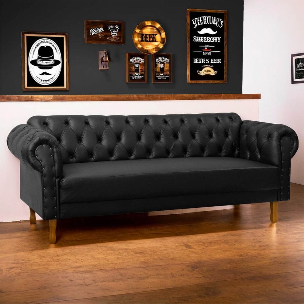 Sofá Chesterfield 2 Lugares Pés Luís XV Capitonê Corino Preto