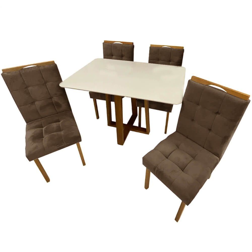 Mesa de Jantar Pedro 120x80cm com 4 Cadeiras Art Assentos Cor Off White com Assento Marrom