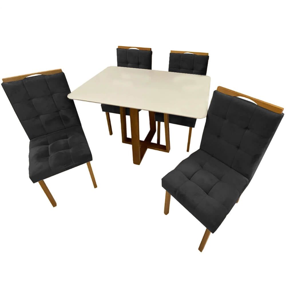 Mesa de Jantar Pedro 120x80cm com 4 Cadeiras Art Assentos Cor Off White com Assento Preto