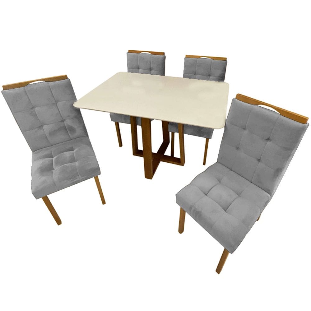  Mesa de Jantar Pedro 120x80cm com 4 Cadeiras Art Assentos Cor Off White com Assento Prata