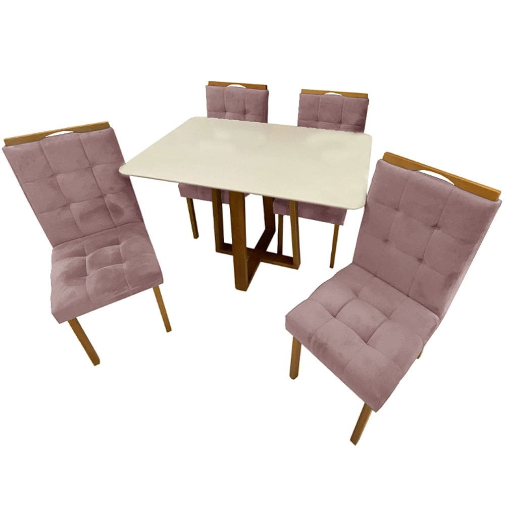 Mesa de Jantar Pedro 120x80cm com 4 Cadeiras Art Assentos Cor Off White com Assento Rose