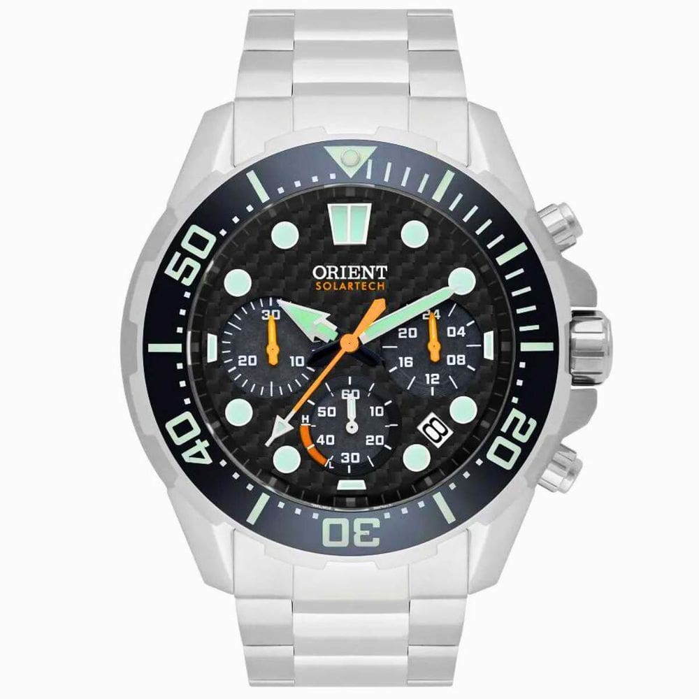 Relógio de Pulso Orient Solar Masculino Cronógrafo Calendário Analógico Aço Inóx Prova Dágua 30 ATM Robusto Redondo Casual Prata MBSSC260 P1SX