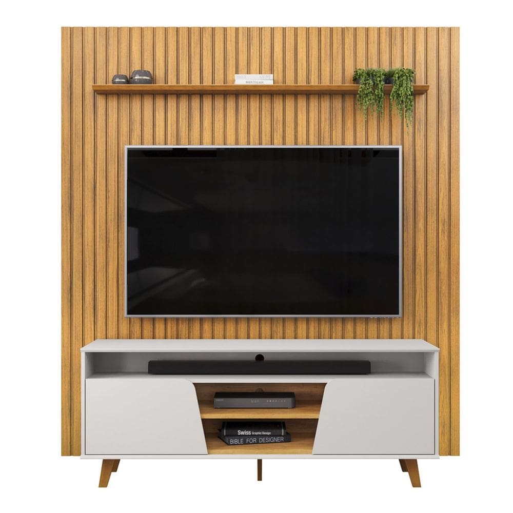 Painel TV 75 Pol Ripado 223cm e Bancada Elaine D04 Cedro/Bal - Mpozenato