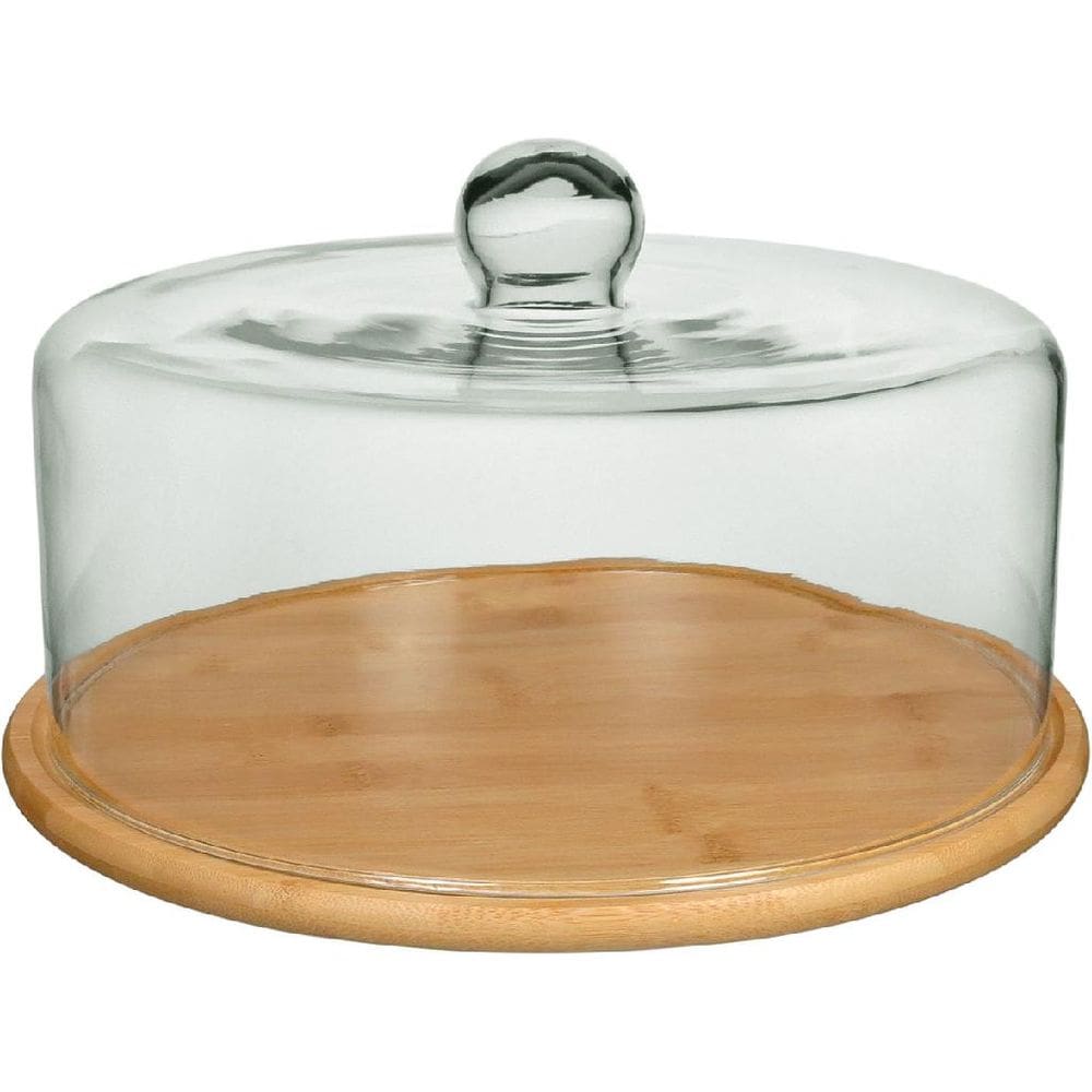 PRATO BOLO BOLIERA REDONDO HOME&CO TAMPA VIDRO BAMBU 19x33x33cm