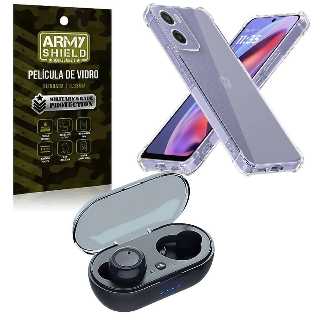 Kit Capinha AntiShock P/ Moto G35 + Fone Bluetooth + Pelicula 3D - ArmyShield