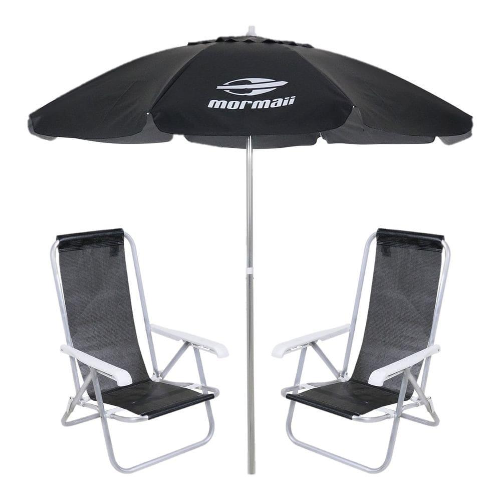Kit 2 Cadeiras Reclinável Alumínio + Guarda Sol Bagum 2,4m Preto Mormaii - Belfix
