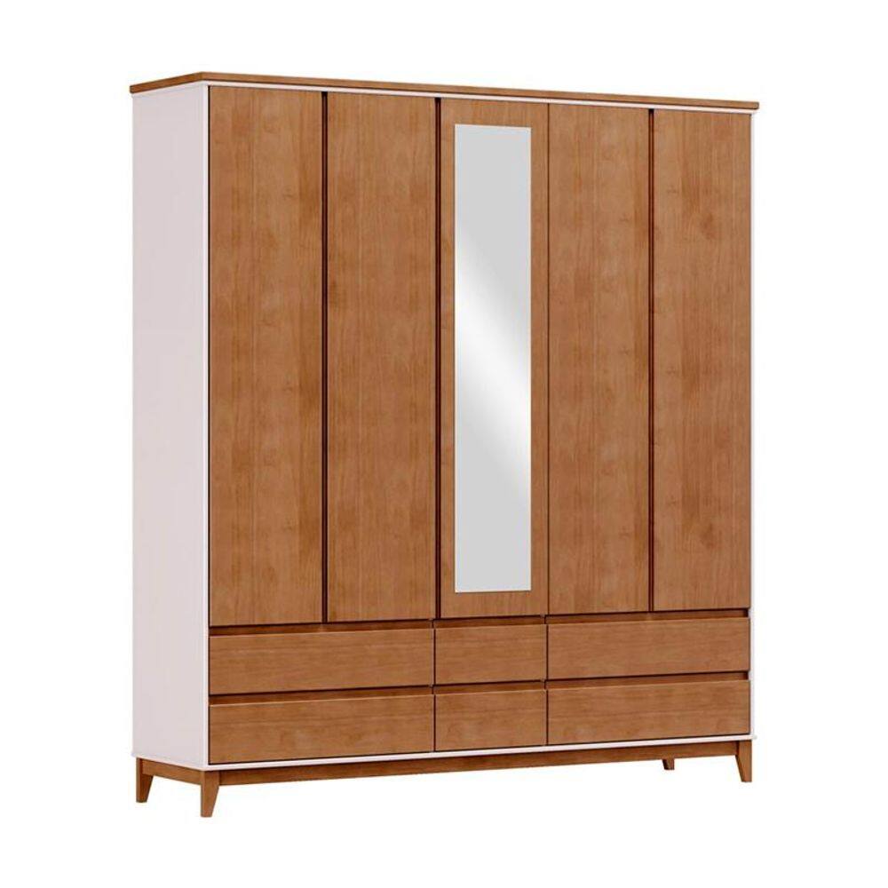 Guarda Roupa 5 Portas 6 Gavetas Prata Off White / Freijó - FN