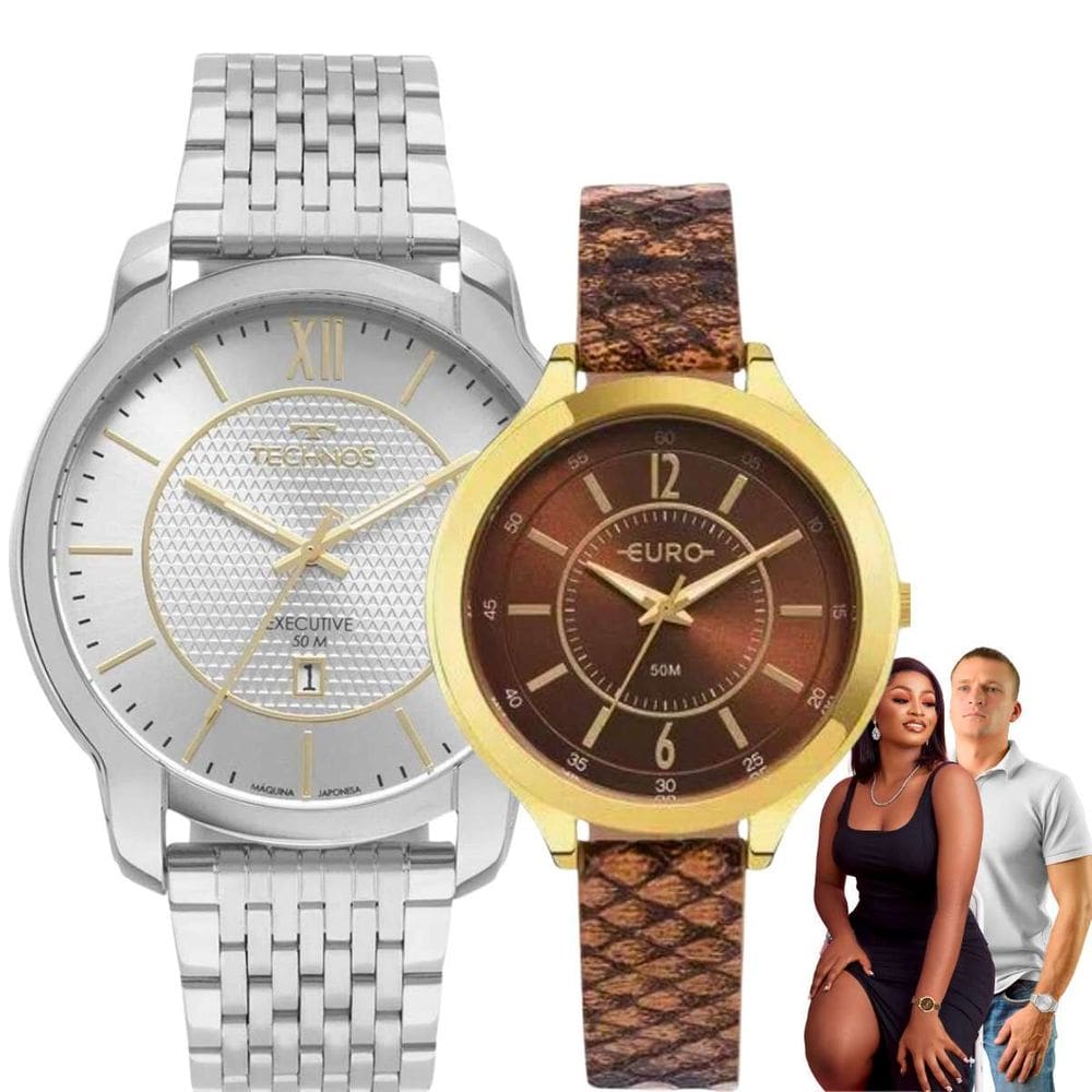 Kit Relógios Pulso Technos Masculino Prata 2117LEK/1K + Euro Feminino Dourado EU2035YT / Condor Dourado COPC21AEDC/4D Prova D Agua Aço Inóx