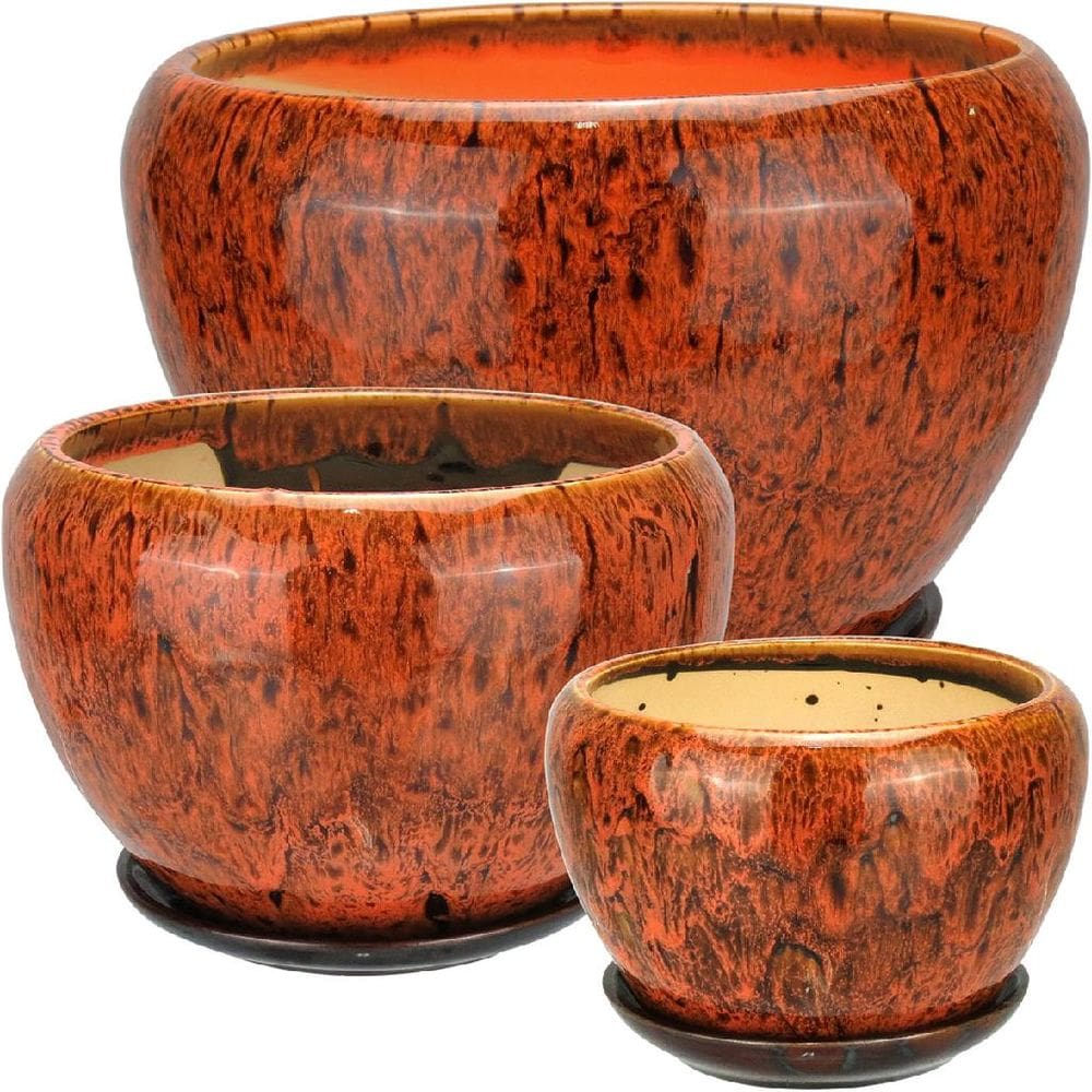 Jogo 3 Peças Vaso Planta Cachepô Home&Co Cerâmica Laranja