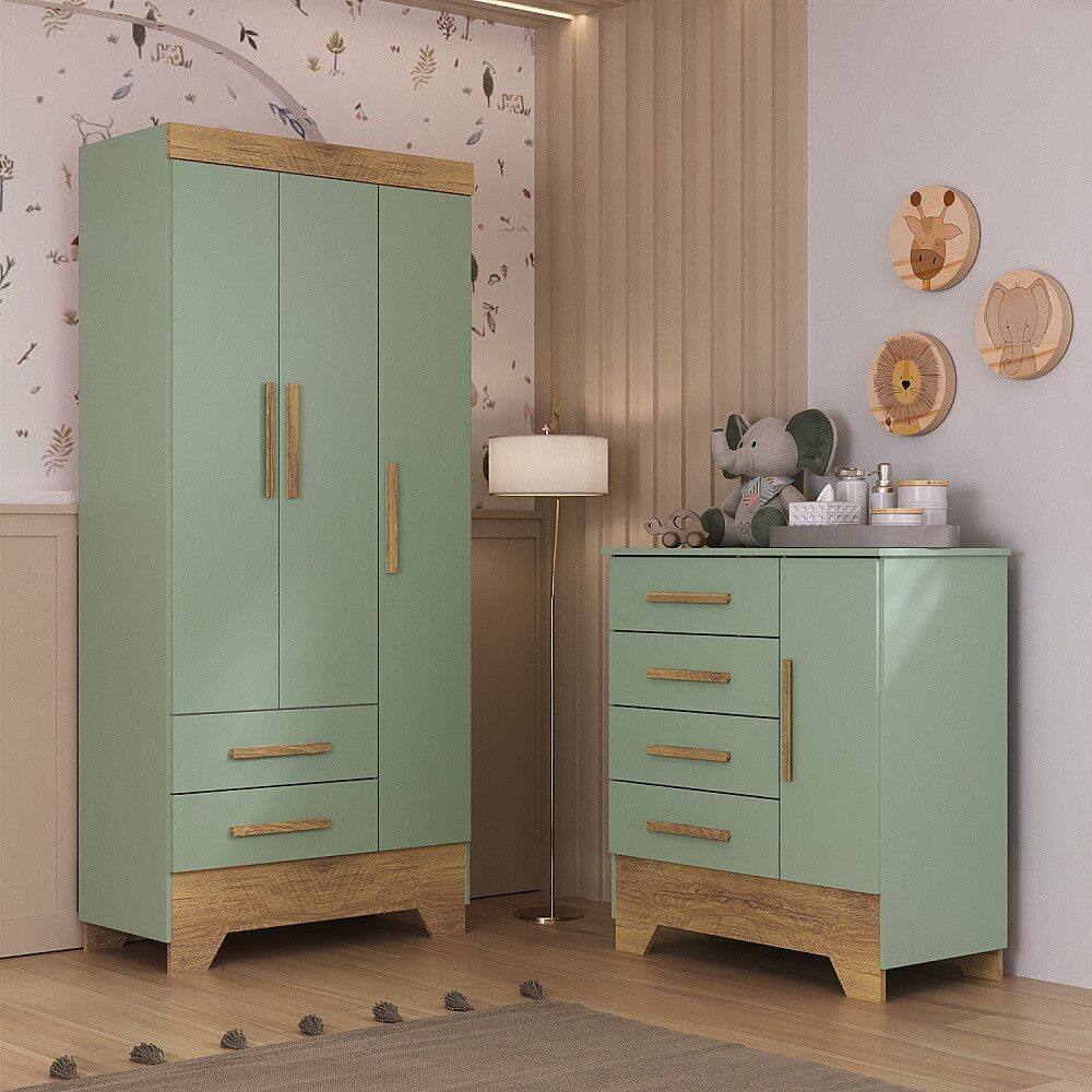 Quarto Infantil Guarda Roupa 3 Portas e Cômoda Catavento Rodial