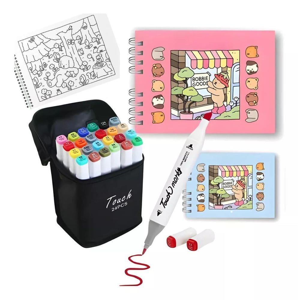Kit Caderno + Canetinhas Bobbie Goods Ponta Dupla 24 - Rosa