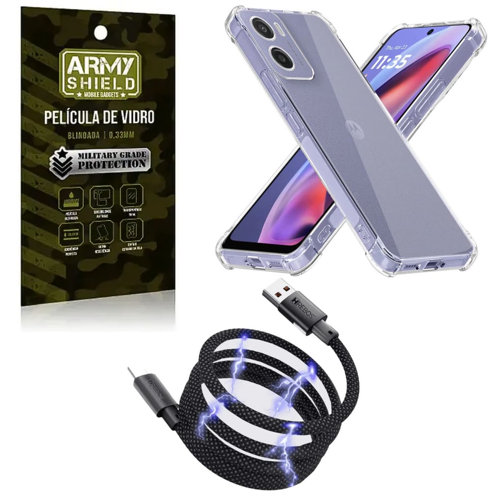 Capa Para Moto G55 + Cabo Tipo-C Magnético + Pelicula de Vidro 3D - Armyshield