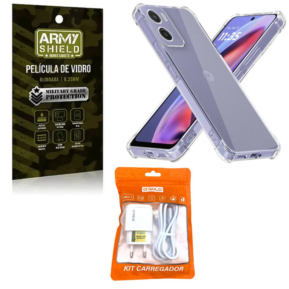 Kit Capinha AntiShock P/ Moto G75 + Carregador Turbo + Pelicula 3D - ArmyShield