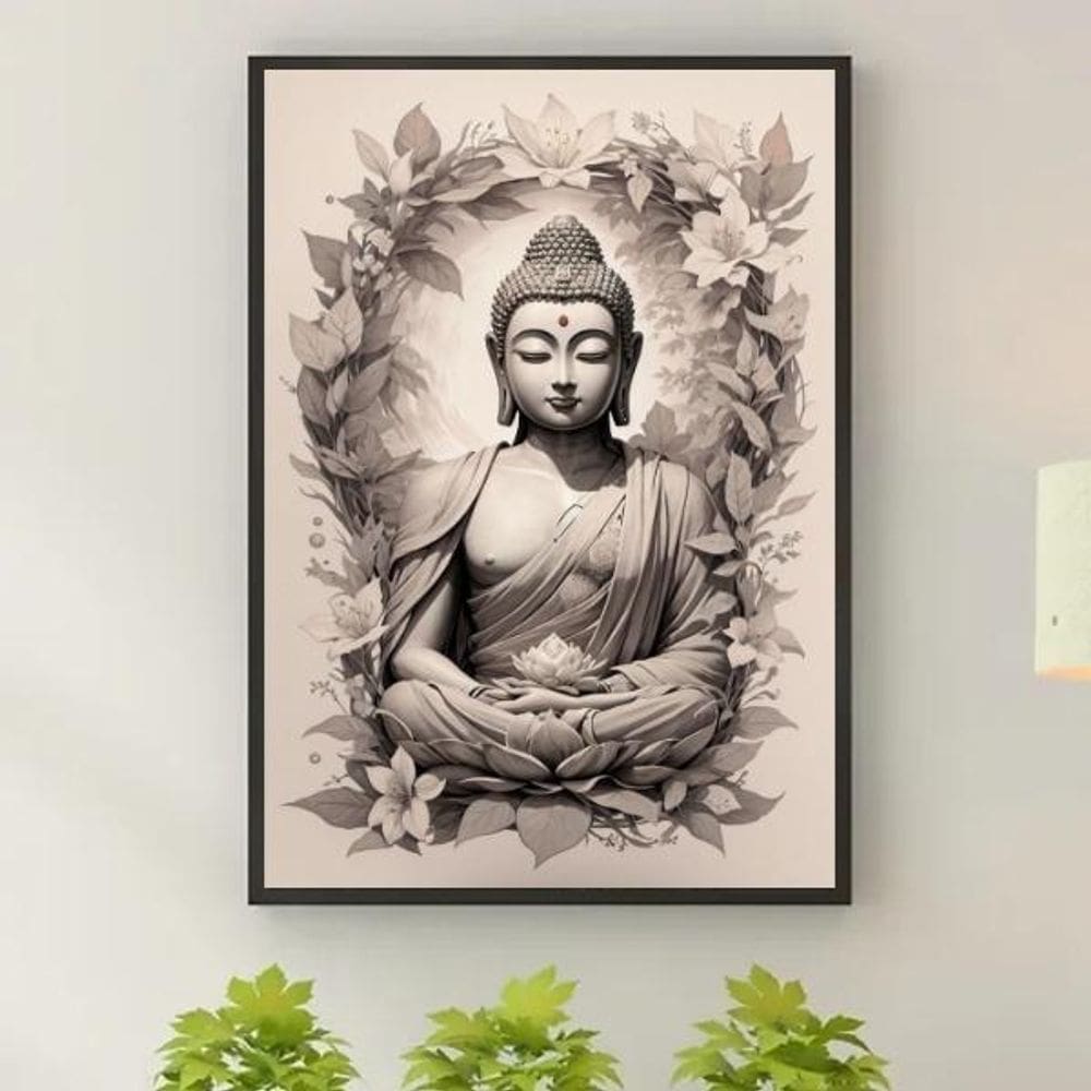 Quadro Decorativo Buda Cinza E Bege 33X24Cm - Com Vidro