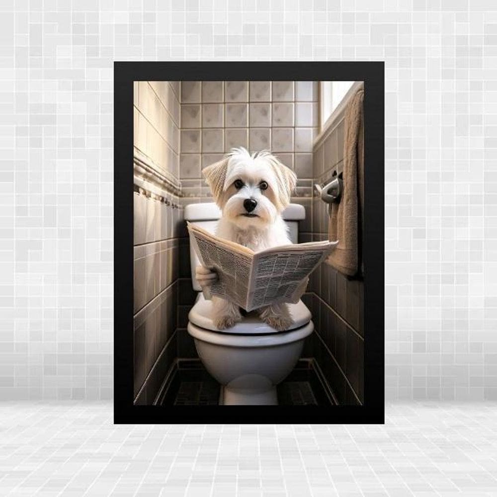 Quadro Banheiro Cão Maltês Lendo Jornal 24X18Cm