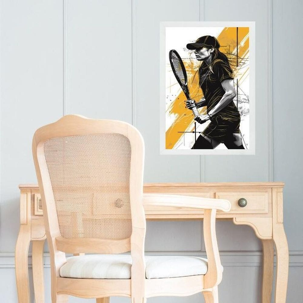 Quadro Arte Mulher Tenista - Preto E Amarelo 33X24Cm