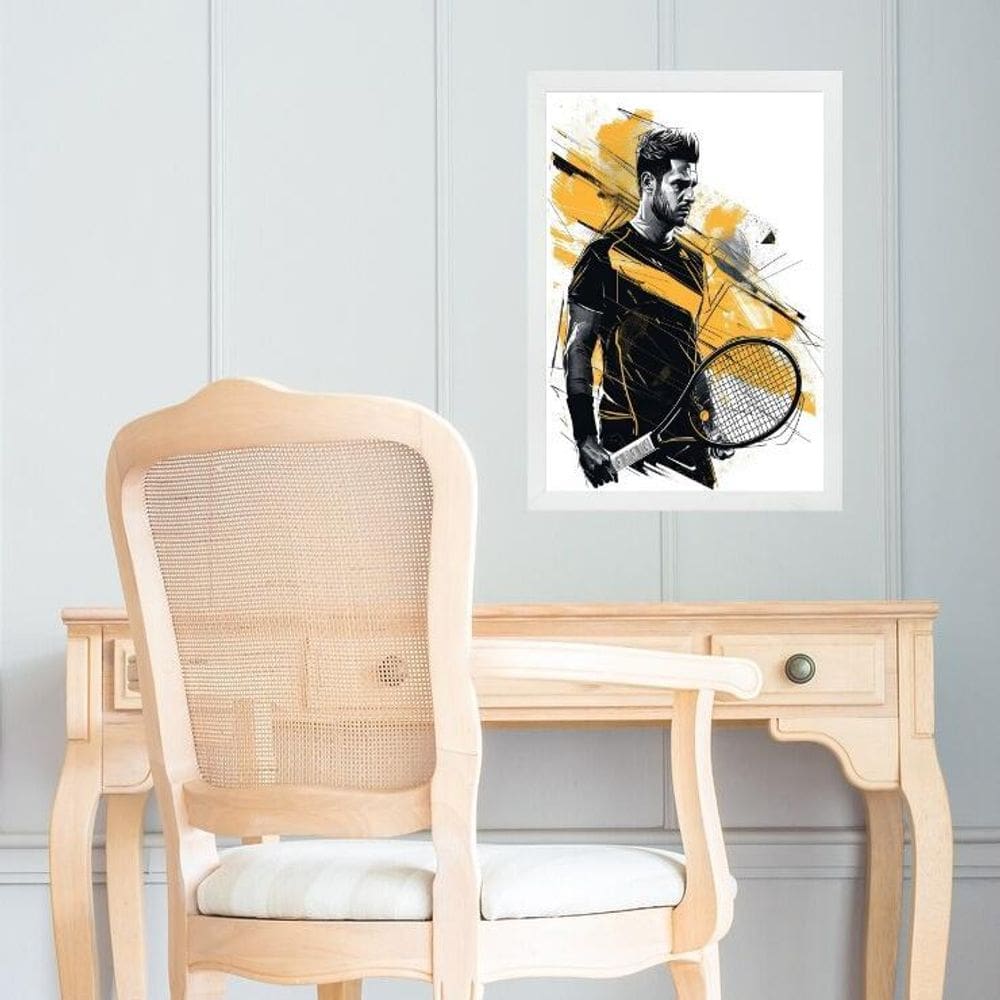 Quadro Arte Homem Tenista - Preto E Amarelo 24X18Cm - Vidro