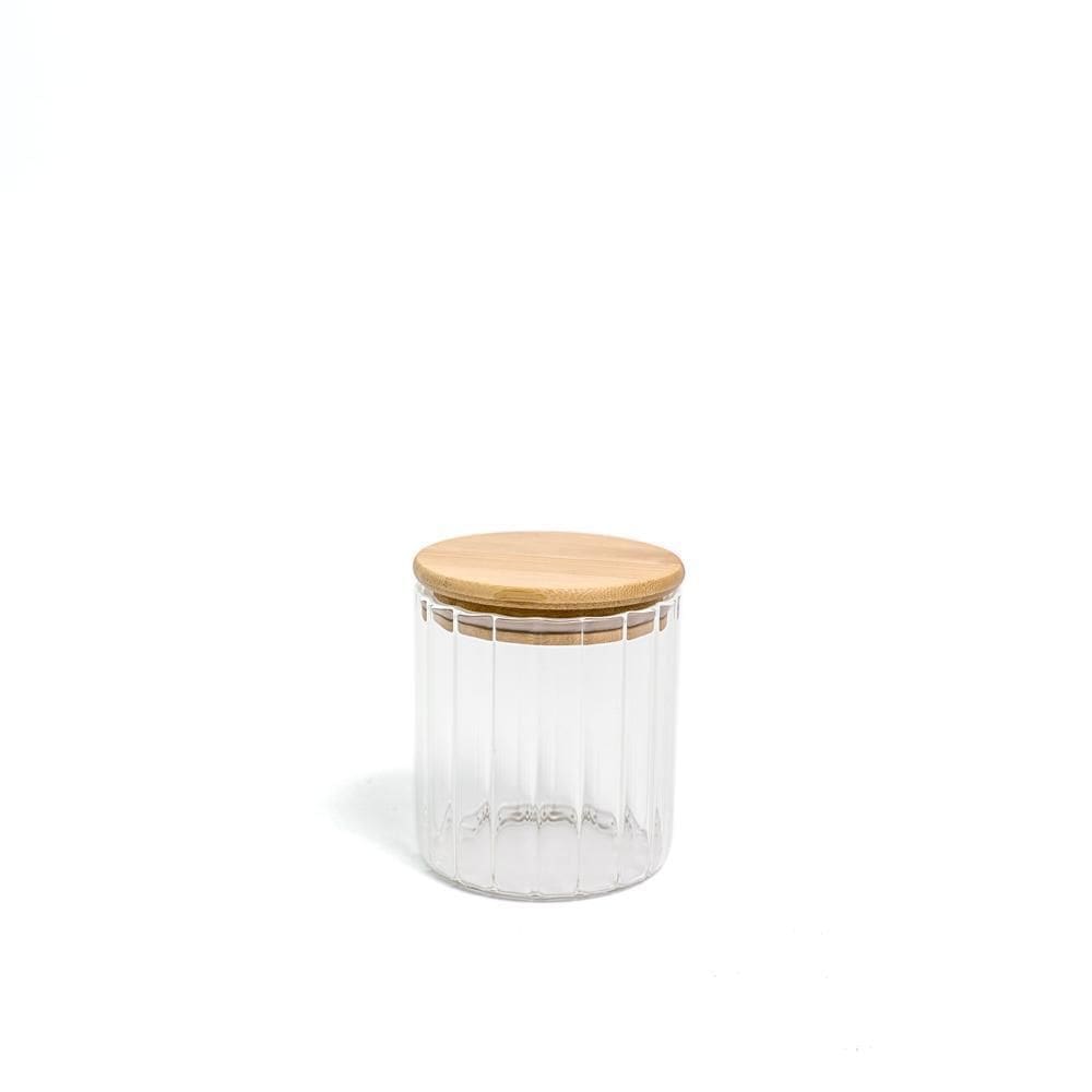 Pote 500Ml De Vidro Canelado Com Tampa De Bambu