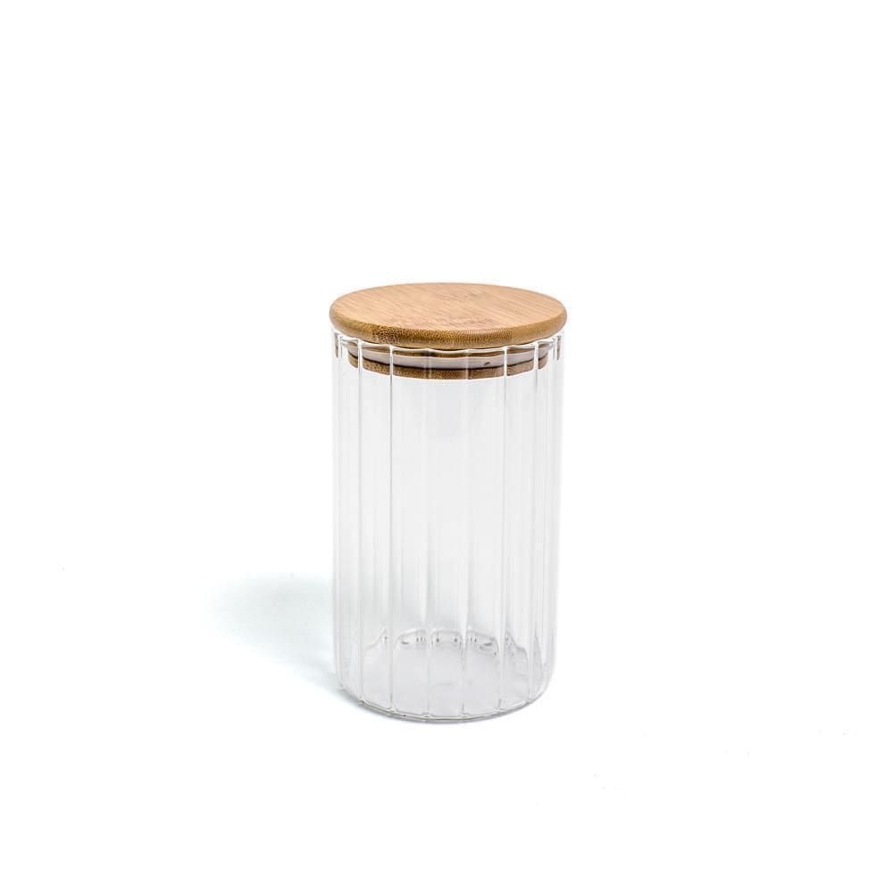 Pote 800Ml De Vidro Canelado Com Tampa De Bambu