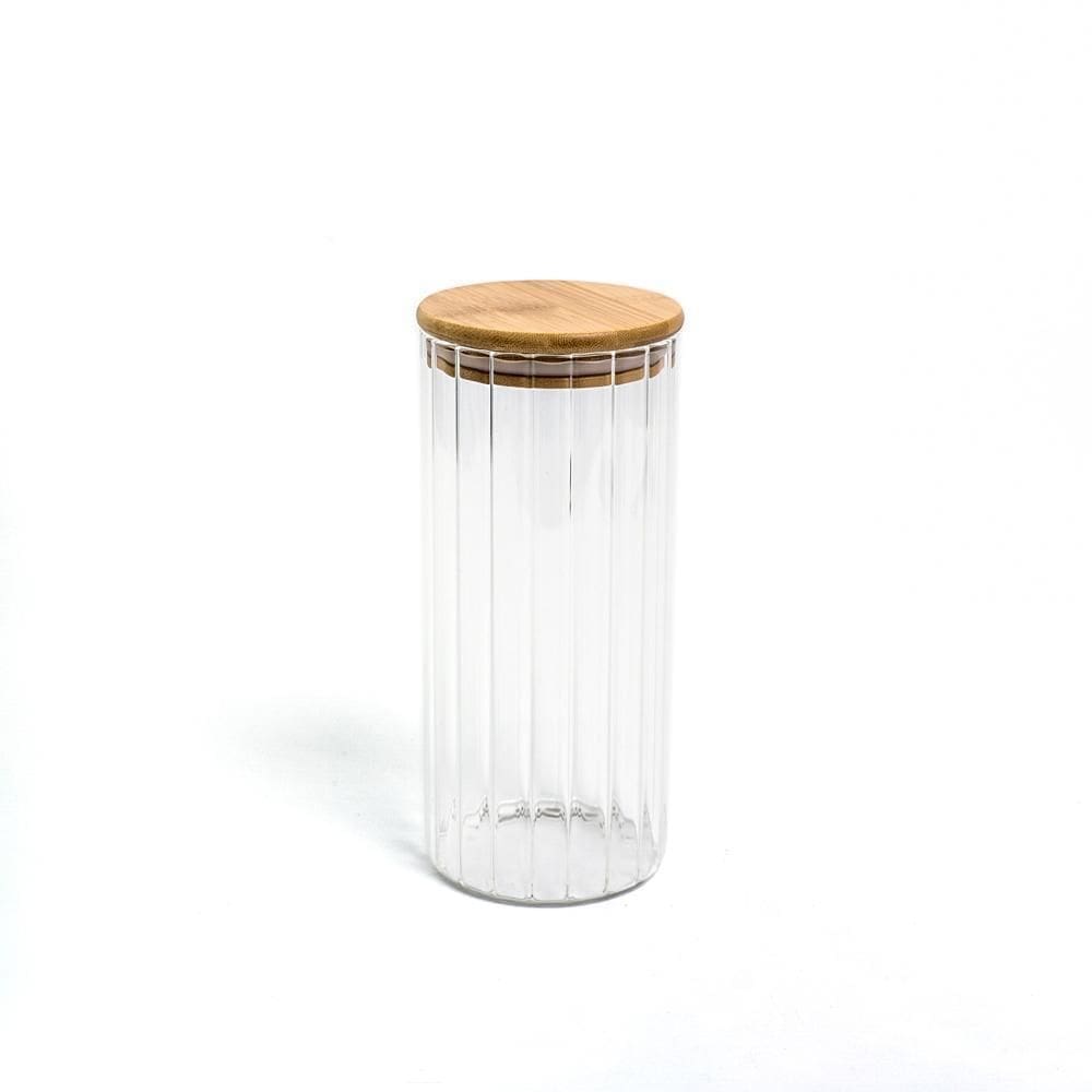Pote 1100Ml De Vidro Canelado Com Tampa De Bambu De