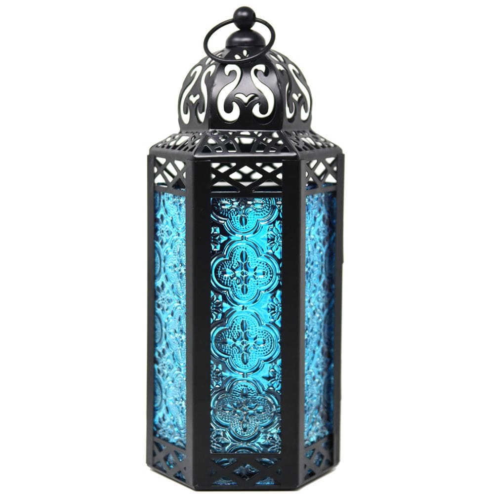 Lanterna de vela Lanternas de vela, metal preto marroquino, vidro azul