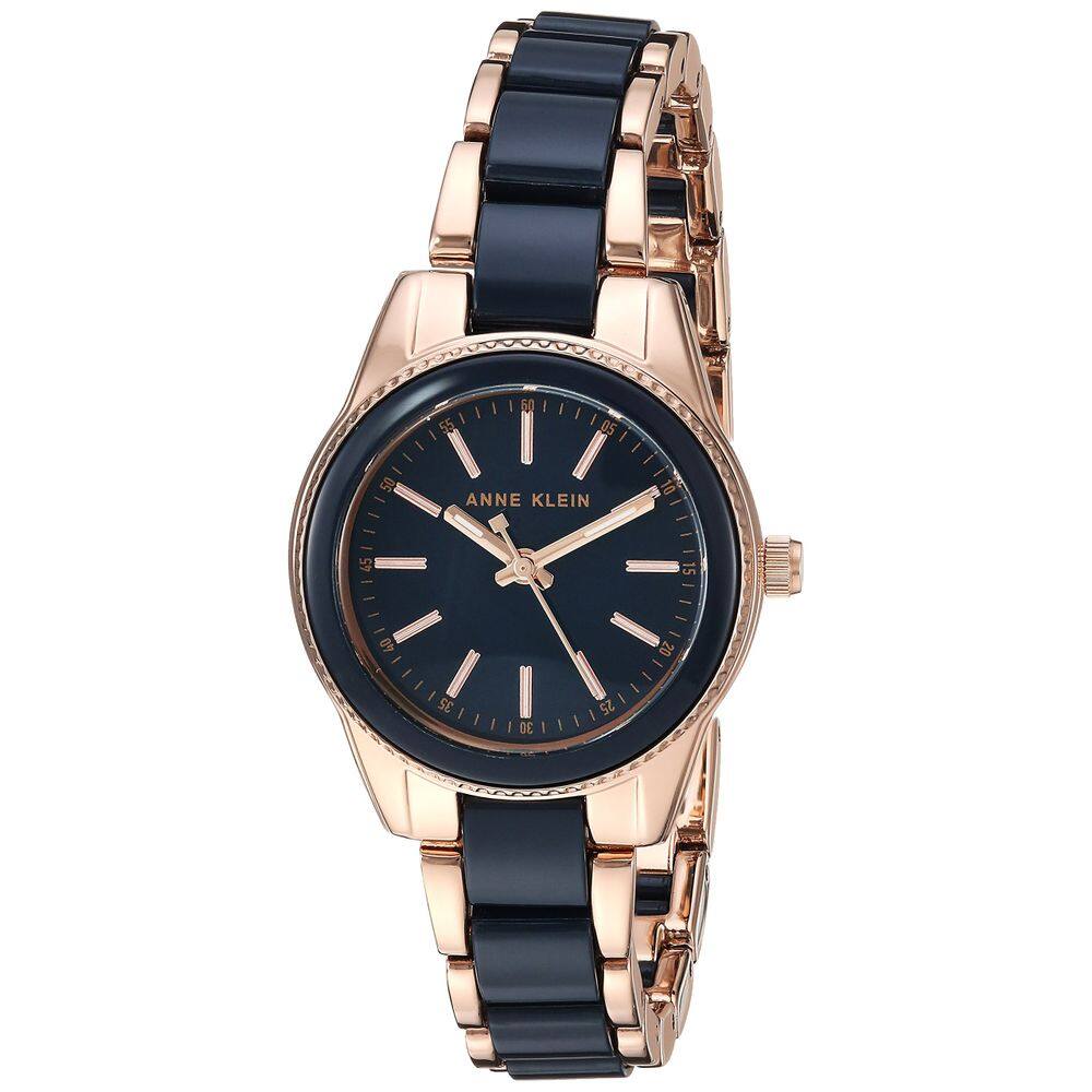 Relógio feminino Anne Klein em tom de ouro rosa com resina azul marinho