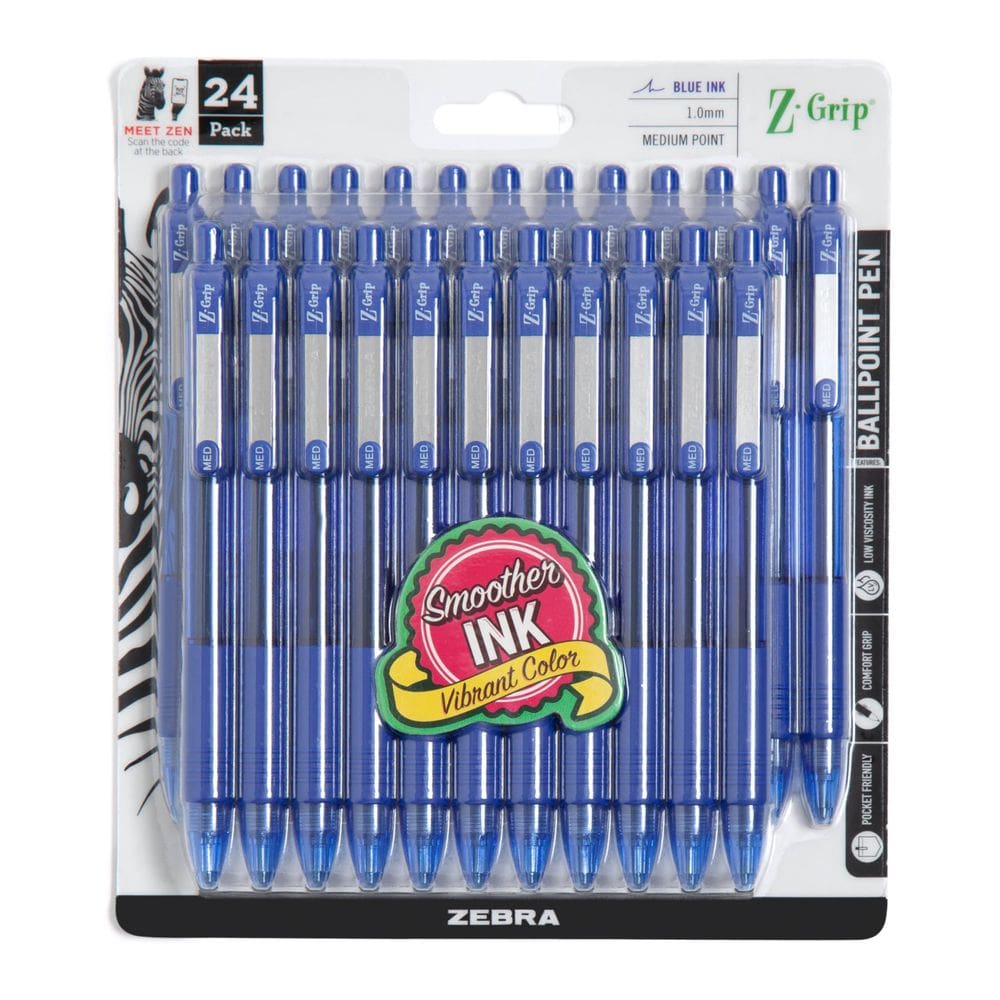 Caneta esferográfica Zebra Pen Z-Grip, tinta azul retrátil, pacote com 24